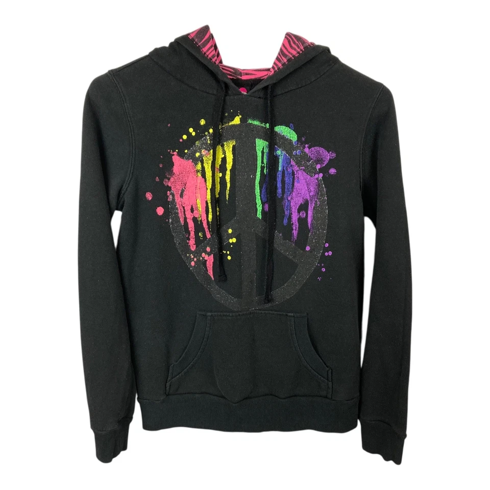 Sudadera con Capucha Hard Candy Símbolo de la Paz Niñas M 7-9 Negra Multicolor Pintura Salpicaduras Bling Foto 1 de 4