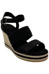 Toms Women's Madelyn Woven Platform Espadrille Wedge Sandals Black - Picture 1 of 3
