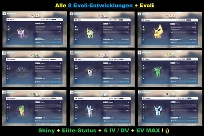 Alle 8 Shiny Elite Evoli-Entwicklungen🔥6IV+Max EV/DV🎮Für Pokemon Legenden Z-A - Bild 1 von 4