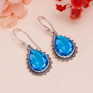 Blue Topaz Gemstone 925 Sterling Silver Jewelry Earring, Elegant Earring - Picture 1 of 4