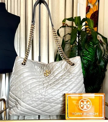 AUTHENTIC TORY BURCH GREY QUILTED LEATHER LARGE KIRA SHOULDER BAG - Image 1 of 4