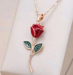 Schöne Halskette mit Anhänger Rose 🌹 585er Rolled Roségold Walzgold  Emaille  - Bild 1 von 6
