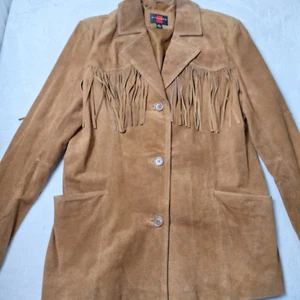 Vtg GALLERY Leather Suede Western Jacket Sz L Honey Brown Fringe Hipster Cowgirl - Picture 1 of 10