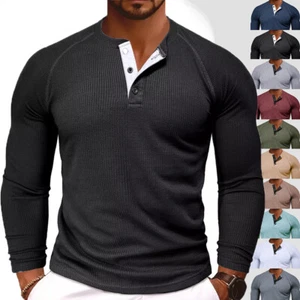 Mens Ribbed Henley Shirts Long Sleeve Button Grandad Plain Casual Tops T-Shirt - Picture 1 of 34