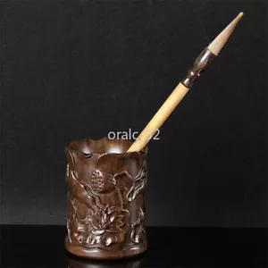 4,9" Sammlung China Ebenholz Holzschnitzerei Lotus Teich Blume Blatt Pinsel Topf - Bild 1 von 8