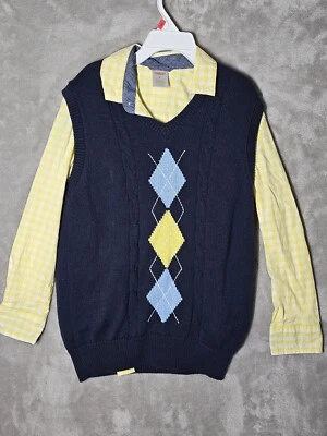 Gymboree Boys 6 Sweater Vest/Shirt Combo Yellow/White Plaid Blue Argyle Vest - Image 1 of 4