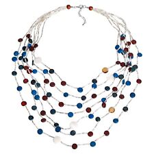 Blue Elegance Coco Palm Wood and  Seashell Circles  Multi-Strand  Necklace
