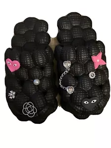 Black Bubble Slides with shoe charms Massage Slippers Non-slip Soft Sizes 6-10 - Picture 1 of 10