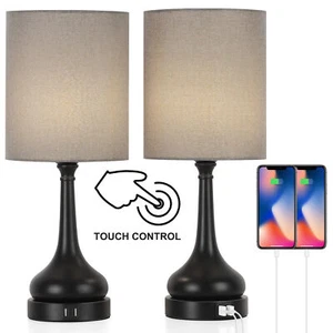 Set of 2 Touch Control Bedside Table Lamps with 2 USB Charging Ports for Bedroom - Picture 1 of 7