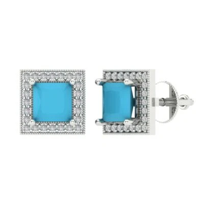2.3 Princess Round Halo Classic Stud Simulated Turquoise Earrings 14k White Gold - Image 1 of 4