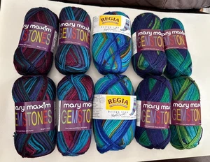 Lot 10 Skeins Mary Maxim Gemstones Aquamarine & Sapphire + Regia Caribbean Yarn - Picture 1 of 22