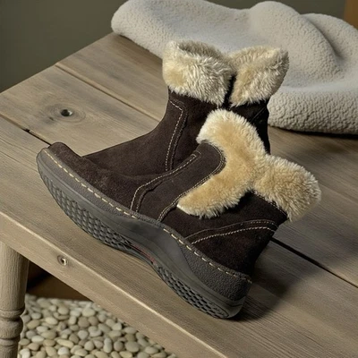 Bare Traps Emily 女式 9M 码深棕色麂皮绒侧拉链人造毛皮短靴 — 第 1/4 张图片
