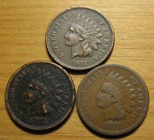 LOTE DE (3) CENTAVOS CABEZA INDIA 1873 1874 1875 DE COLECCIÓN DE MONEDAS DE ESTADOS UNIDOS JUEGO DE CENTAVOS - Imagen 1 de 2