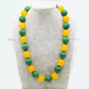 Huge 20mm Natural Yellow Topaz Green Jade Jadeite Round Gemstone Beads Necklace - Picture 1 of 15