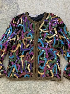 VINTAGE LAWRENCE KAZAR SILK / SEQUIN Party BLAZER JACKET SIZE Medium Colorful - Picture 1 of 11