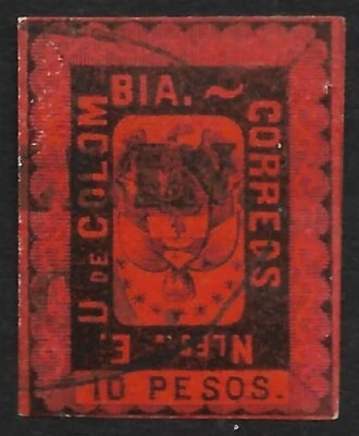 Timbres-Colombie. 1866. 10 Peso Noir Sur Papier Vernissé Vermillon. SG : 50. FU. - Photo 1/2