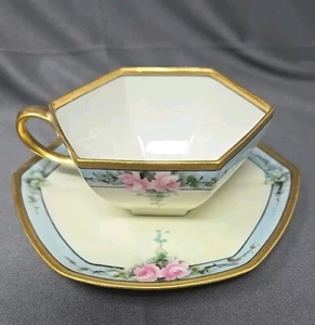 Set 4 tazze esagonali e dischi art deco senza marchio, decorati con artista - Foto 1 di 14