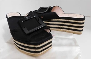 Roger Vivier Negro Lona Hebilla Lona Paja Alpargata Plataforma Cuña Italia 41 - Imagen 1 de 8