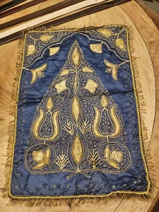 Antique Middle Eastern Embroidered Gold Tree Blue Gilt Thread 16" X 25" Tapestry - Picture 1 of 12