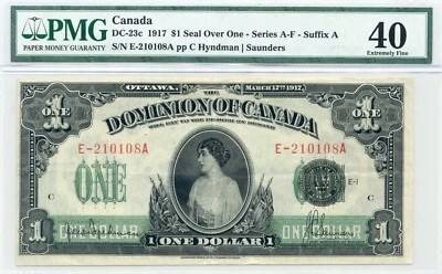 1917 $1 Dominion of Canada, Seal Over 1 - Extremely Fine, PMG EF40 - Image 1 of 2
