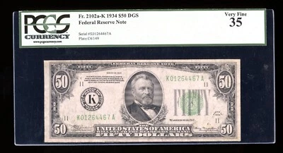 DBR 1934 $50 DGS FRN Dallas Fr. 2102-Kdgs PCGS 35 Serial K01264467A - Image 1 of 2