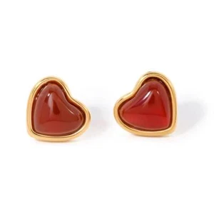 Damen Herz Ohrringe vergoldet 18K Edelstahl Stein Achat Rot Ohrstecker O6342DL - Bild 1 von 7