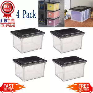 Set of 4 Plastic Storage File Box Portable Stackable Organizer Bin Tote Office - Picture 1 of 7
