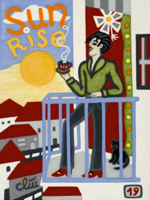 JACQUELINE DITT - Sunrise 2020 Original Gemälde Mann Katze cat - Bild 1 von 3