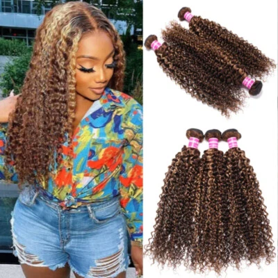 UNice Ombre Highlight Honey Blonde Curly 1/3 Bundles Human Hair Extension Weaves - Image 1 of 4