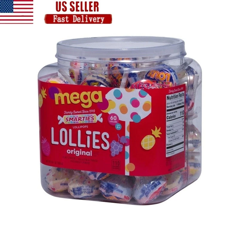 Mega Lollies sem glúten frasco de 65 oz doces amigáveis à alergia 60 unidades guloseimas novo - Imagem 1 de 4