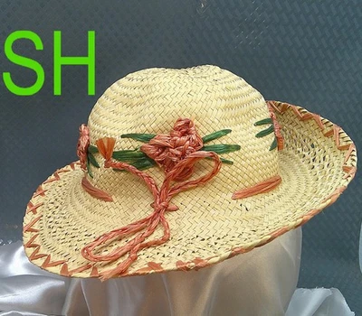 Vintage 1960s Ladies Sun Hat Tan Natural Woven Straw Plastic Raffia Wide Brim - Image 1 of 4