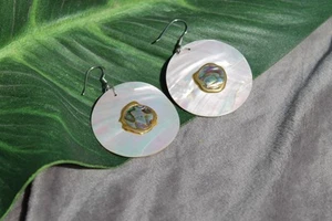 Earrings Abalone Disc Natural Shell Dangle Drop Boho Sterling Silver Hooks - Picture 1 of 3