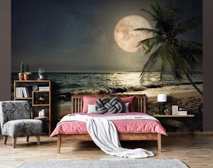 312x219cm Pared Mural Foto Papel pintado Luna sobre la playa Palma Dormitorio + Adhesivo - Imagen 1 de 9