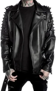 Men's Real Leather Brando Notch Lapel Collar Punk Studded Spikes Jacket Black - Picture 1 of 3