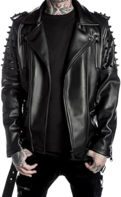 Men's Real Leather Brando Notch Lapel Collar Punk Studded Spikes Jacket Black - Image 1 of 3