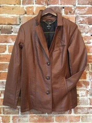 Dennis Basso Cognac Brown Faux Leather Pintuck Detail Blazer Jacket S New - Image 1 of 4