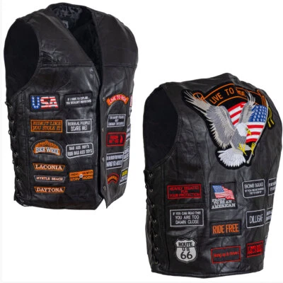 CHALECO CUERO Motociclista Negro Buffalo Motocicleta con 32 Parches Bandera de Estados Unidos Águila Para Hombres MC Foto 1 de 4