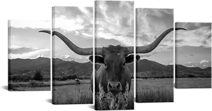 5 Piece Texas Animal Canvas Wall Art Longhorn Black & White Canvas Print Modern - Picture 1 of 8