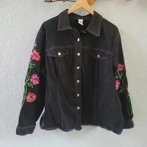 Bob Mackie Wearable Art Button Up Black Denim Jacket Embroidered Florals 1X - Picture 1 of 7