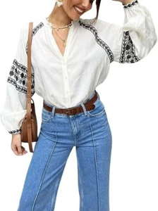 Women's Casual Button Down Embroidered Top Long Sleeve Tunic Blouse Shirt Boho - Picture 1 of 6