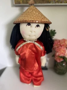 Rice Paddy Babies Soft Sculpture Girl Doll With Straw Hat Vintage 1984 18" Nice - Picture 1 of 24