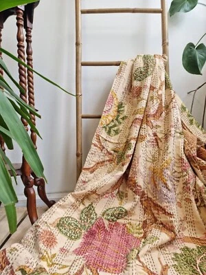 Indian Hand Block Handmade Blanket Bedspread king Size Cotton Kantha Quilt Throw - Image 1 of 4