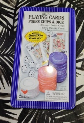 DELUXE PLAYING CARDS POKER CHIPS & DICE Tin Set by CARDINAL Gently USED - Image 1 of 4