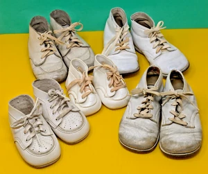 Vintage Toddler Beginner Walker Lot of 5 White Shoes that tie Large Doll - Picture 1 of 17