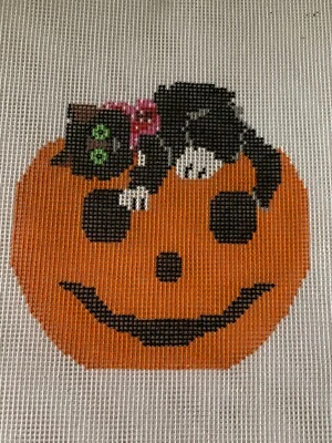 Handpainted Needlepoint Canvas Cat Pumpkin Halloween on13ct Zweigart Canvas #020 - Image 1 of 3