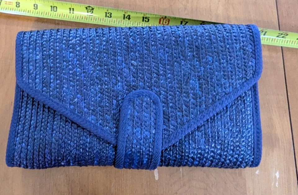 Vintage Navy Straw Clutch Envelope Handbag Snap Closure - Image 1 of 4
