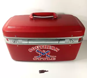 VTG 70's Hawthorne Travel Train Hard Case Carry On Red Southern Style W KEY 15" - Picture 1 of 11