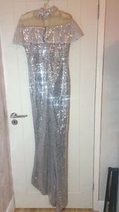  Damen Silber Pailletten kurzärmeliges Maxikleid UK 6/8 - Bild 1 von 8
