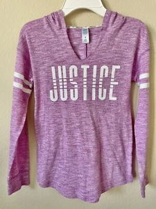 Justice Purple Stripe Trim Sparkle Logo Graphic Girls Pullover Hoodie Top Size 8 - Picture 1 of 3