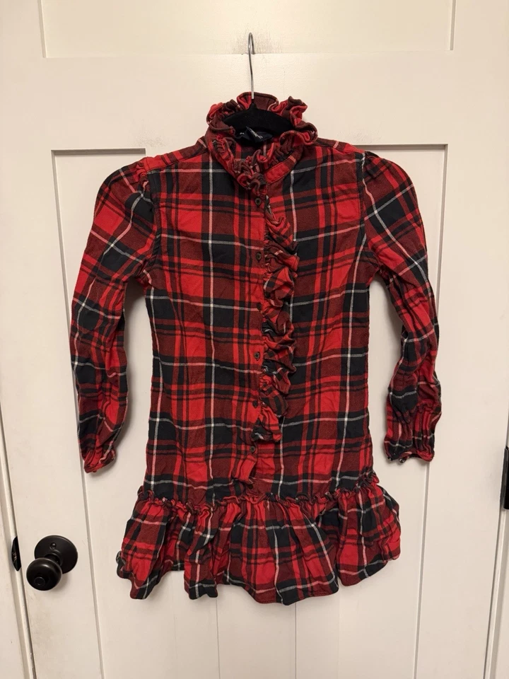Ralph Lauren 女孩格子红色法兰绒日志袖连衣裙荷叶边假日 10 码 — 第 1/4 张图片